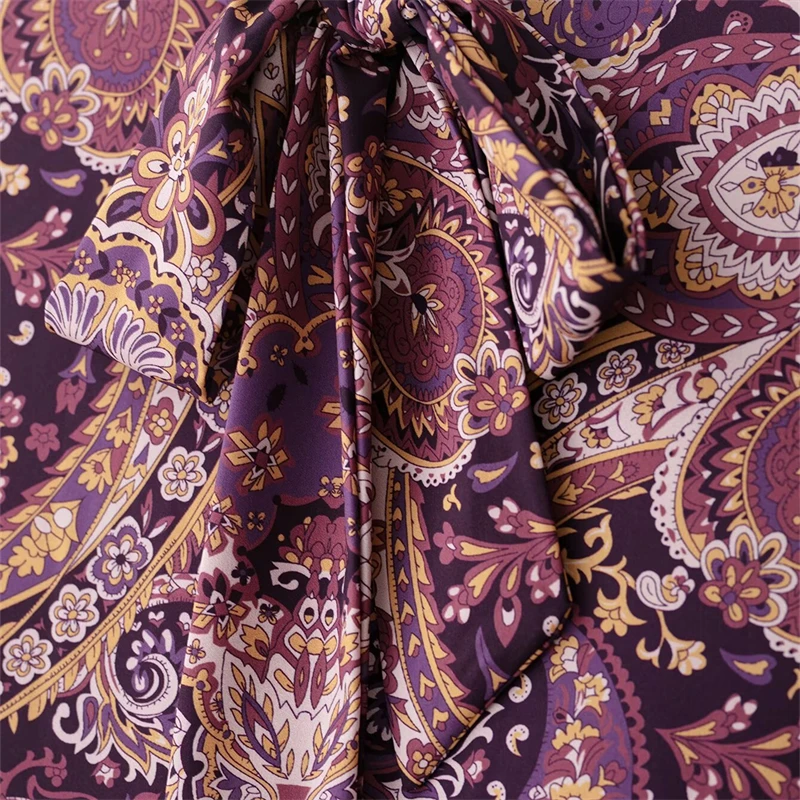 Keyanketian novo feminino em camadas babados paisley flor impressão midi vestidos estilo retro arco rendas até gola vestido de manga longa