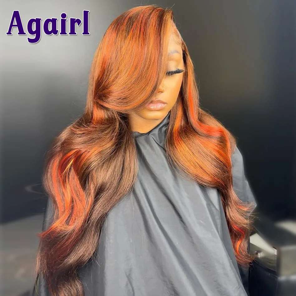 13x6/13x4 Ginger Lace Front Wig Human Hair Highlight Orange Brown Body Wave Lace Frontal Wig 180% Density Pre Plucked for Women