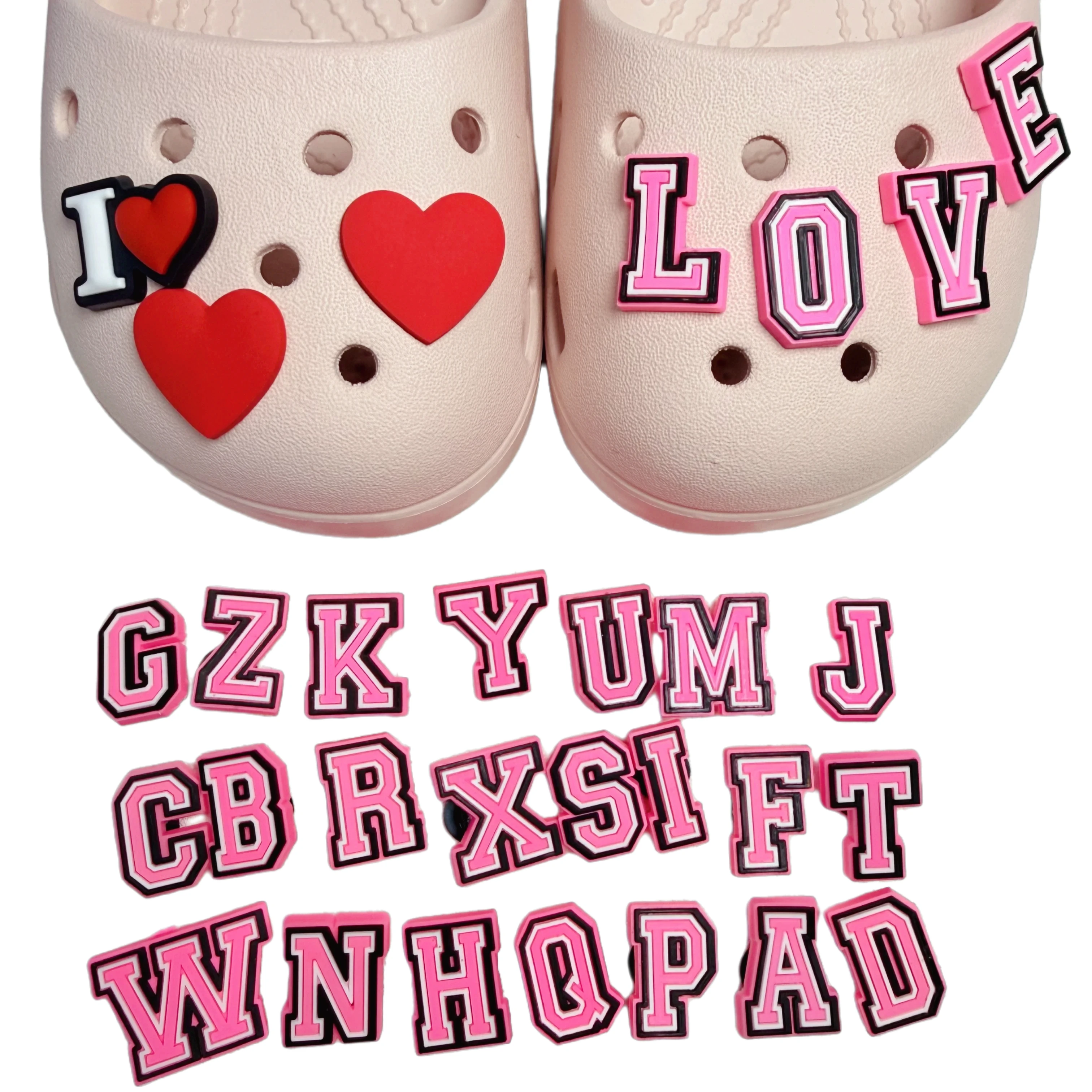 10-100Pcs Pink English Letter PVC Shoe Charms Pins Bubble Slides Clogs Accessories Sandals Buckle Decorations Birthday Gift