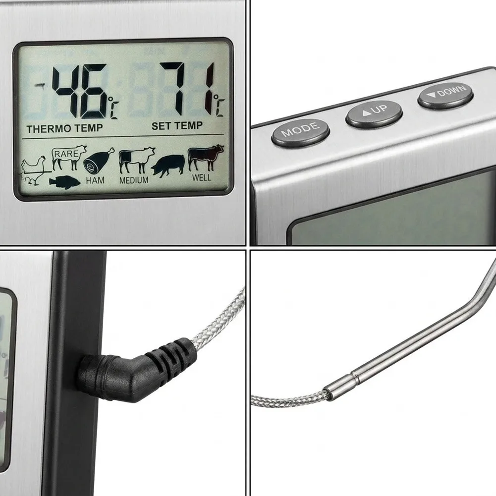 LCD Digital Meat Thermometer With Timer Stainless Steel Probe High Accuracy Cooking Tool For Kitchen Grill Oven Baking BBQ