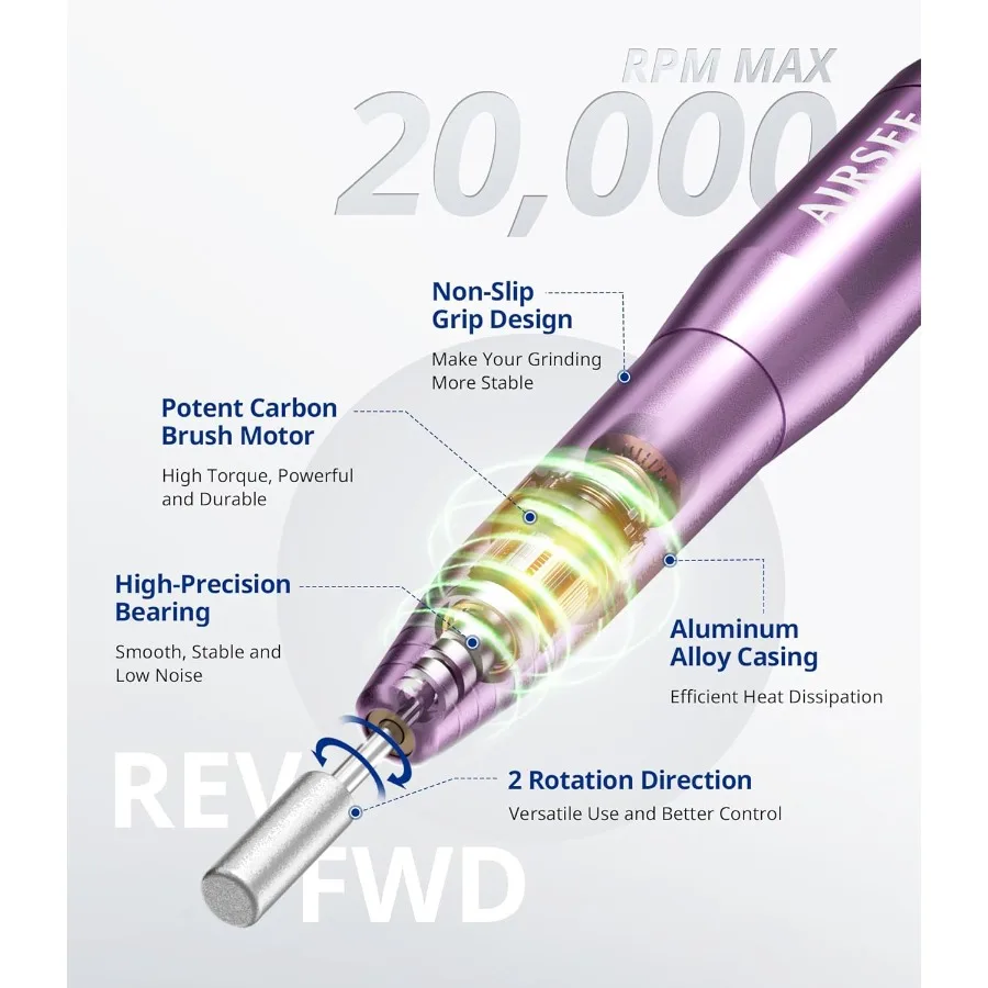 Home Lite USB มือถือเครื่องเจาะเล็บสําหรับผู้เริ่มต้นแฟ้มเล็บแบบพกพาเล็บเท้าชุด 6 Bits 26 Sanding Bands สําหรับ