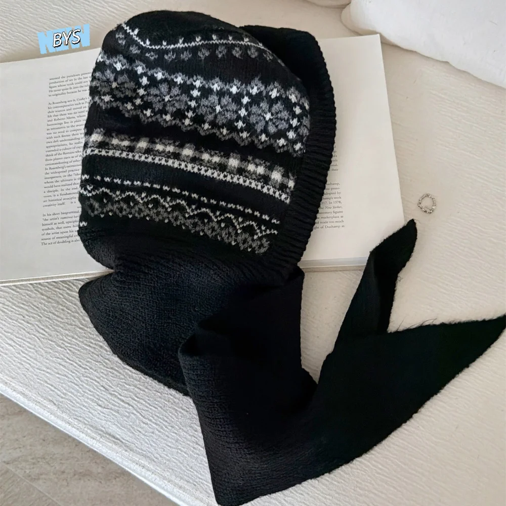 

Warm Pullover Hat Jacquard Balaclava Hat Fair Isle Style Red Ear Protection Hat Scarf Cap Beanie Hooded Hat Warm