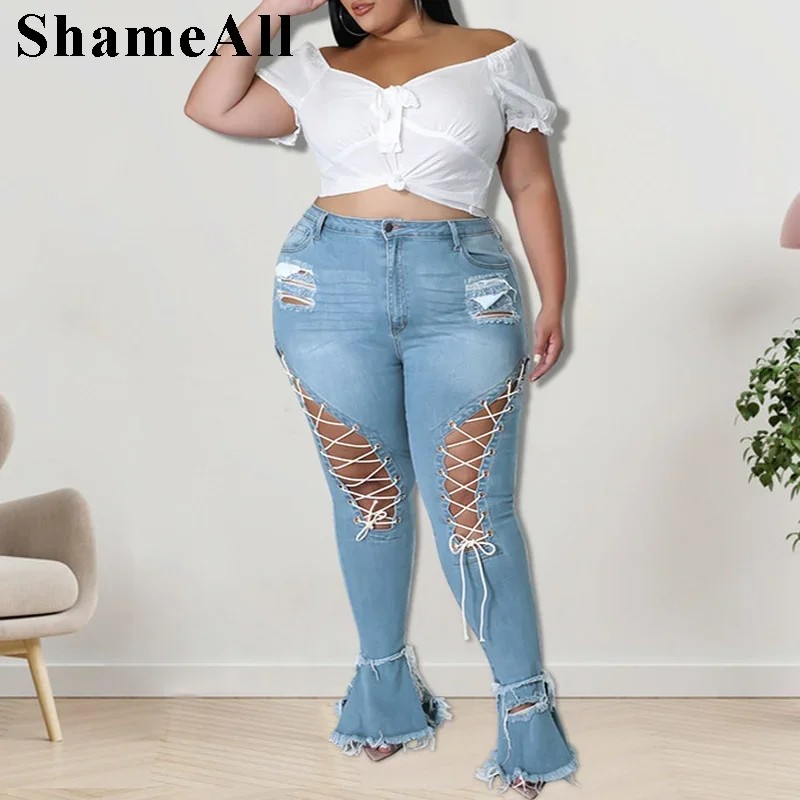 Plus Size Streetwear Lace Up Sexy Ripped Skinny Black Flare Jeans 4XL Woman Club Party High Waisted Stretchy Denim Bell Bottom