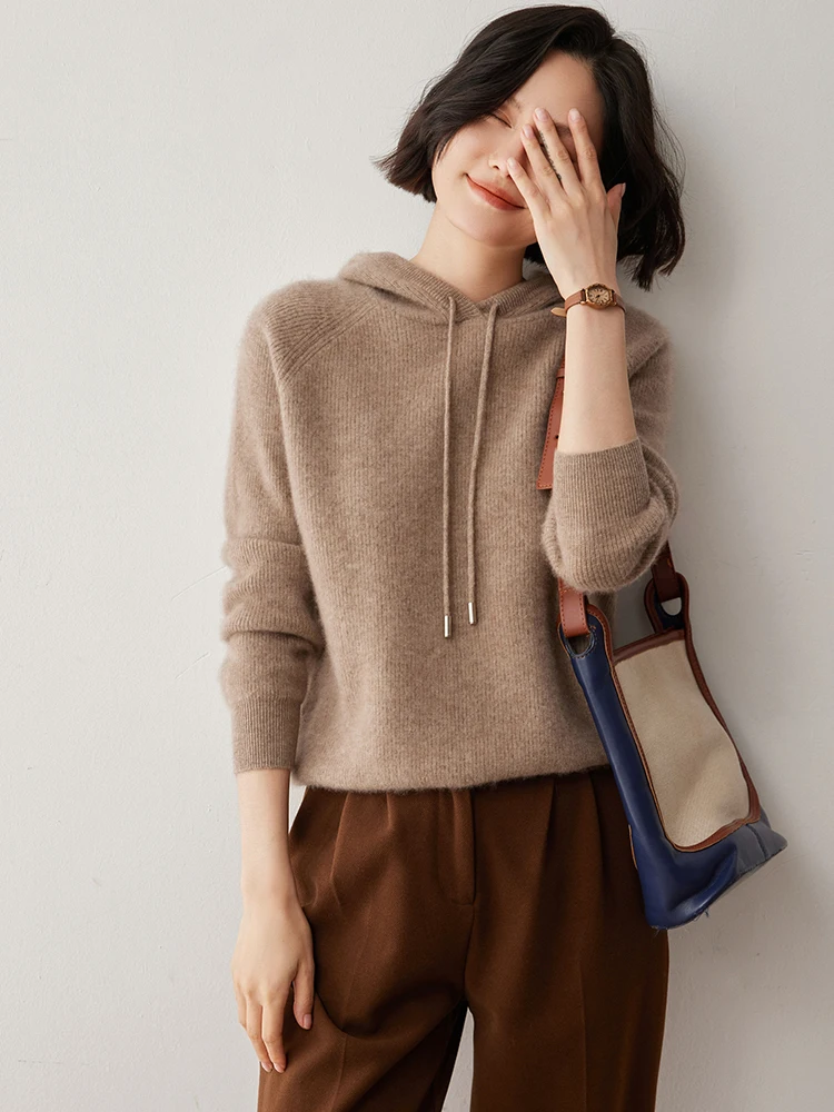 Women Drawstring Hoodie Threaded Sweater 100% Cashmere Pullover Raglan Sleeve Casual Knitwear Autumn Winter Striped Clothing Top