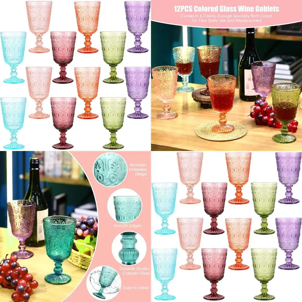 

Set of 12 9 oz Vintage Colored Glass Goblets - Stemmed Cups for Romantic Occasions, Weddings, and Celebrations (Multi Colors)