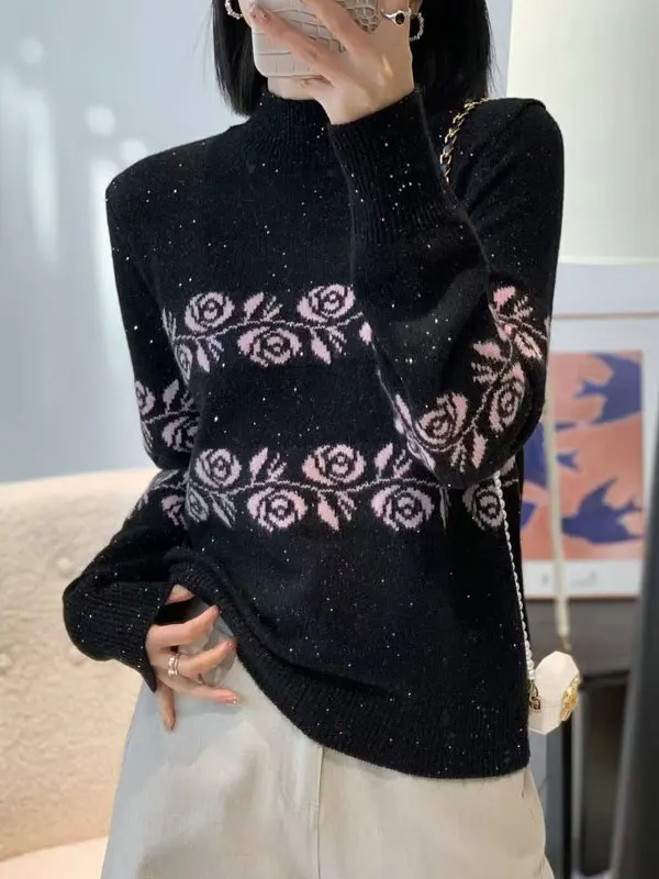 

Thiened Rose Embroidery Knitted Sweater Women's Winter New Sle Sparkling Bla f High Collar Base irt Faionable Ca...