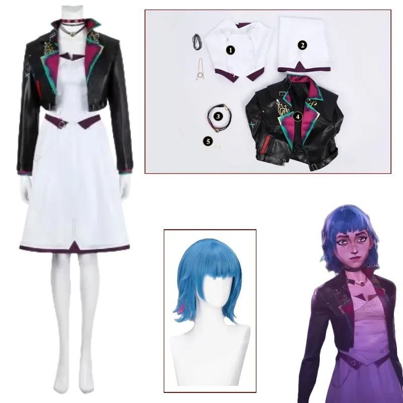 Arcane Season 2 Powder Jinx Cosplay Costume Wig Game LOL Child Jinx Role Play Dress Outfit Necklace Set Halloween Carnival Suits