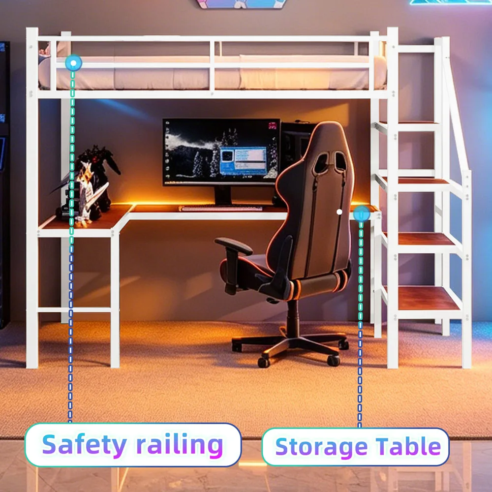 90x190cm Hohes Hochbettgestell mit L-förmigem Schreibtisch, platzsparendes Einzel-Hochbett mit Treppe, durchgehenden Sicherheitsgeländern, geräumigen Ablageflächen und Staufächern, stabiles Hochbett für Schlafzimmer, Teenager- und Erwachsenen-Schlafzimmermöbel – Detail 22