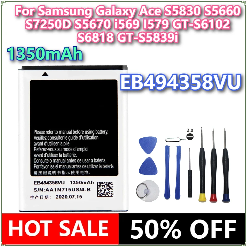 Совершенно новый аккумулятор EB494358VU 1350 мАч для Samsung Galaxy Ace S5830 S5660 S7250D S5670 i569 I579 GT-S6102 S6818 GT-S5839i