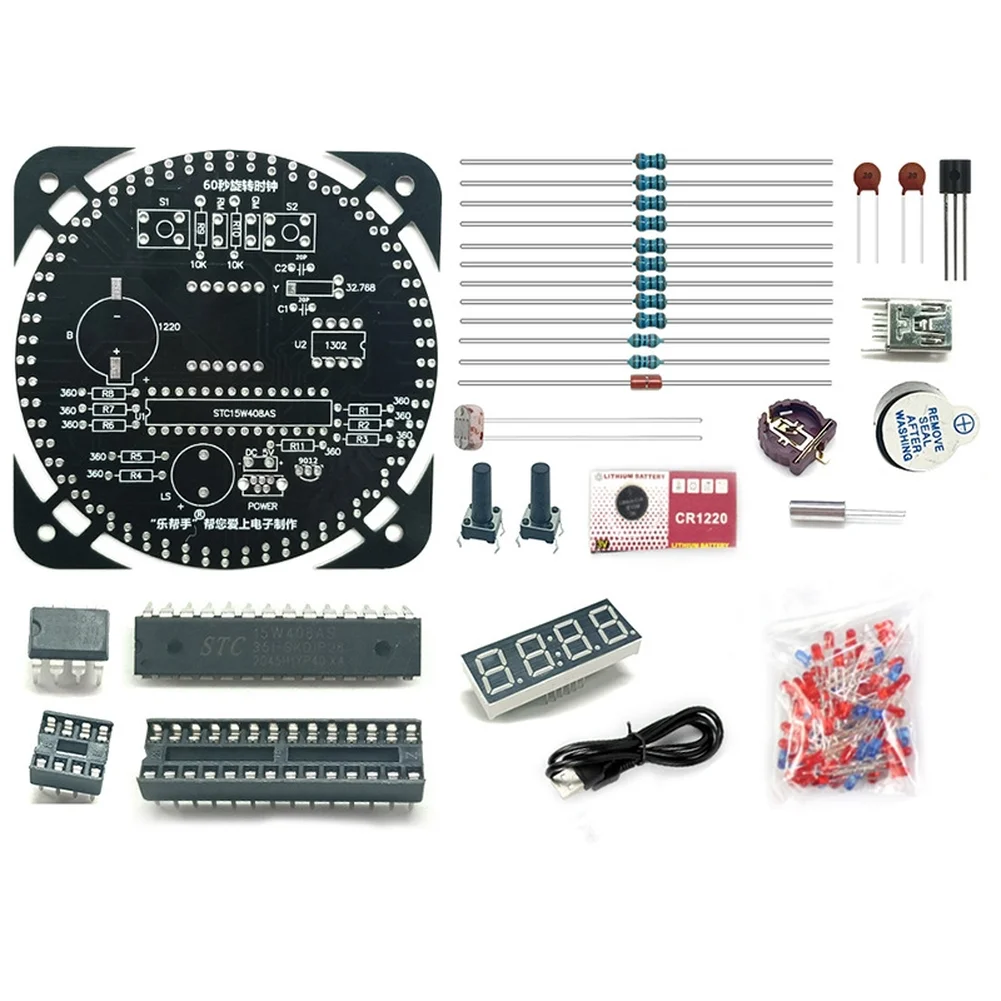 Build-Your-Own Clock Kit for Educational Soldering Practice Featuring Light-Sensitive Display Rotating Stand and Temp Sensing