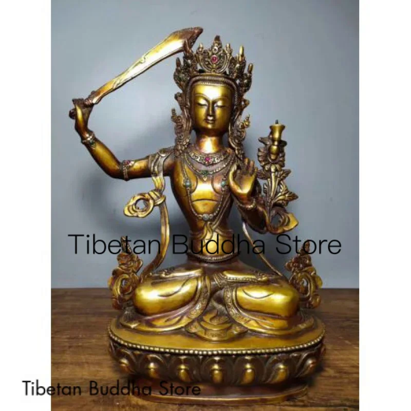 Old Tibet Bronze Inlay Gem Wenshu Manjushri Manjusri Boddhisattva Goddess Statue