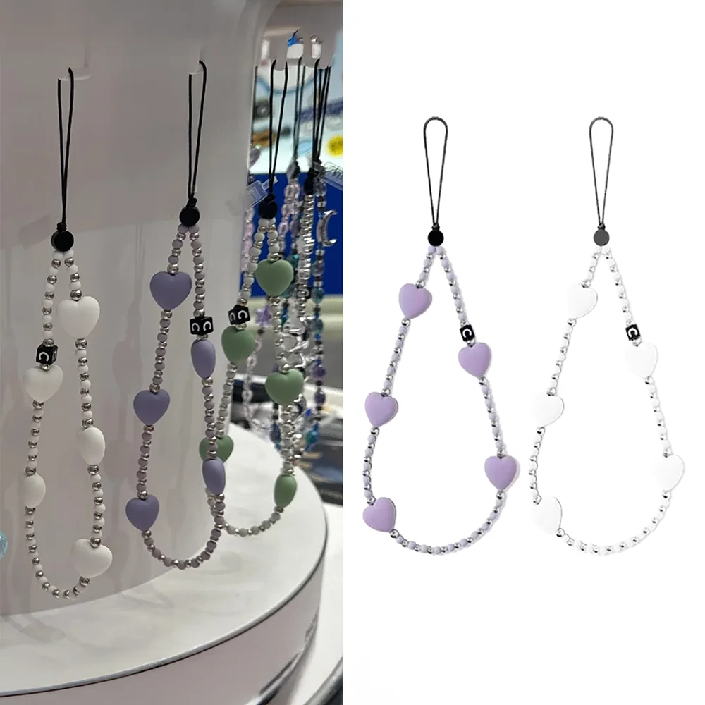 

White Purple Green Heart Beads Phone Charm Short Lanyard Mobile Phone Hanging Chain Accessories