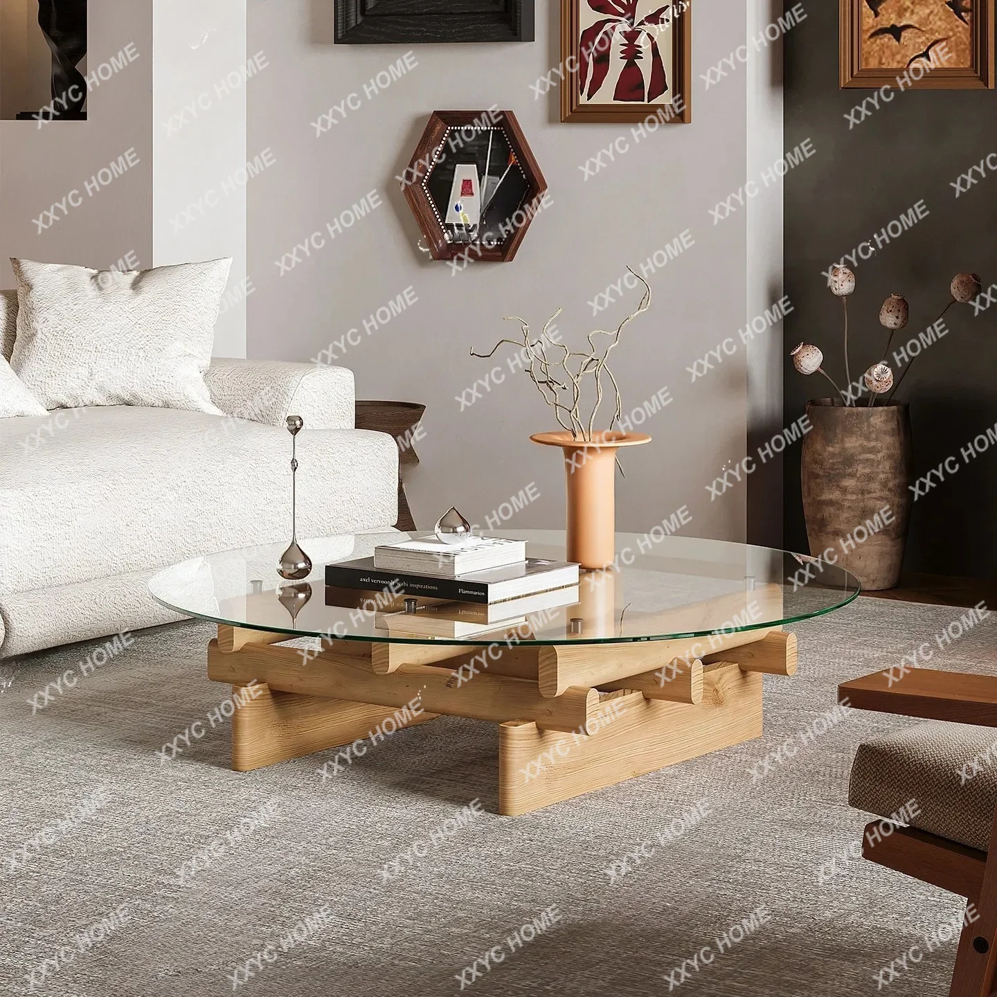 XX Vintage-style glass coffee table, living room, and home use with a movable small tea table