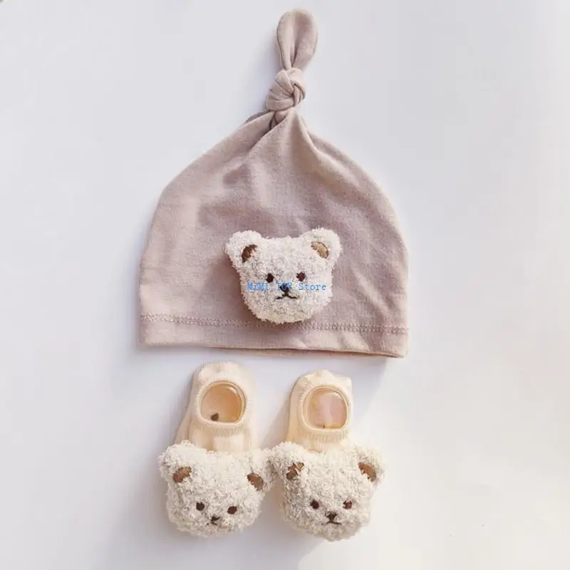 

24BE Cartoon Infant Hat Knotted Beanie Cap with Bear Socks for Boys Girls 0-12M