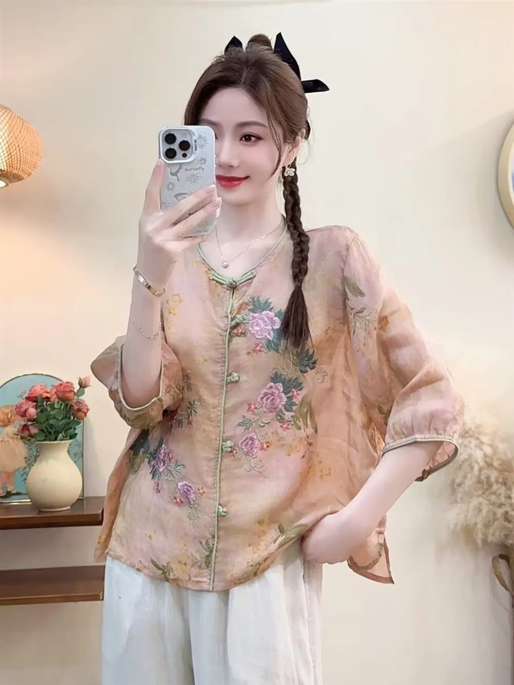 

Ele Pink Silk Embroidered irt Women's Summer New Chinese Sle V-ne Button-up Top High Artistic Tea Clothing