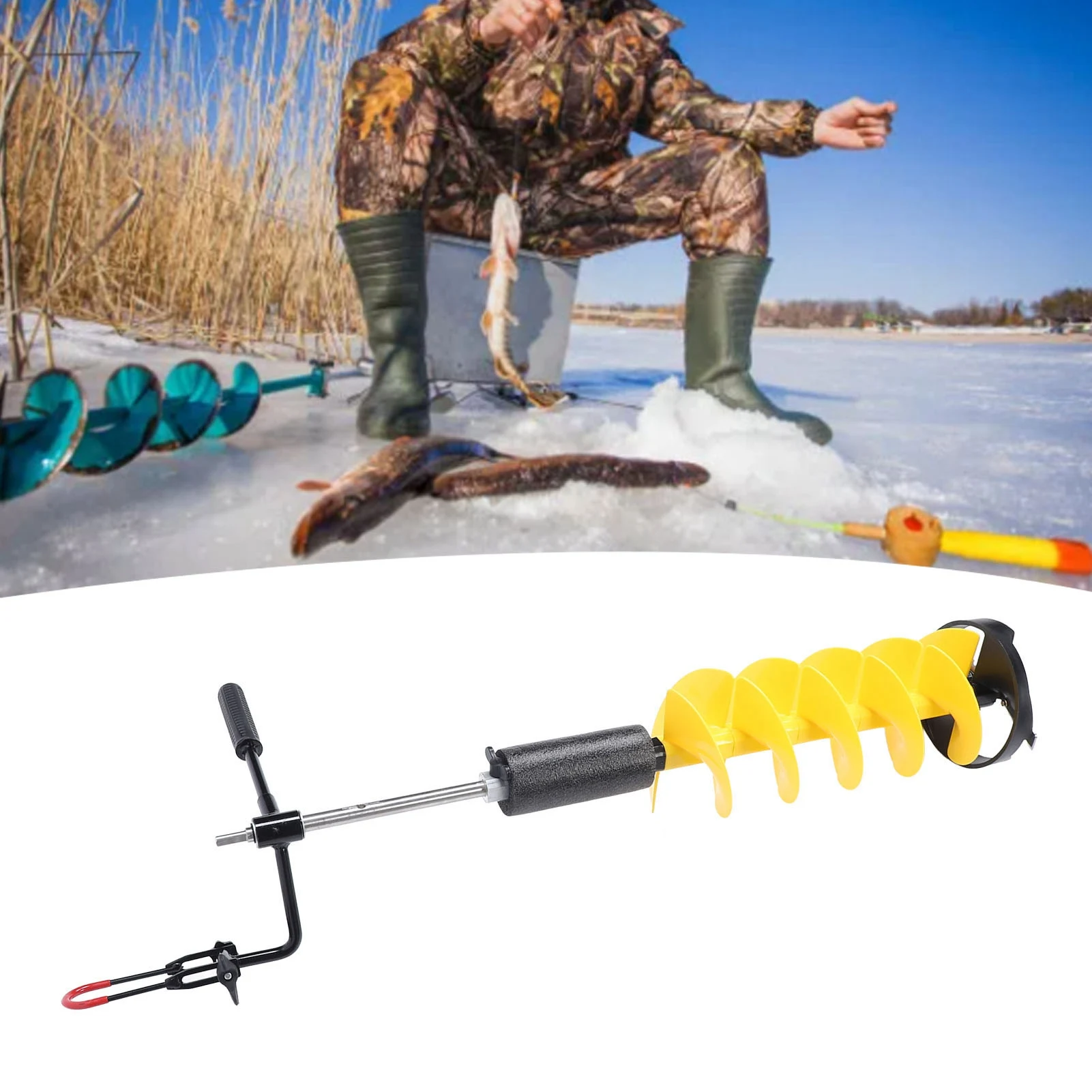 Ice Auger Drill Bit With 27.5in Extension Rod Auger Drill Bit 8in Hole Drilling 28in Length Floatable Ice Fishing Drill Bit  ﻿