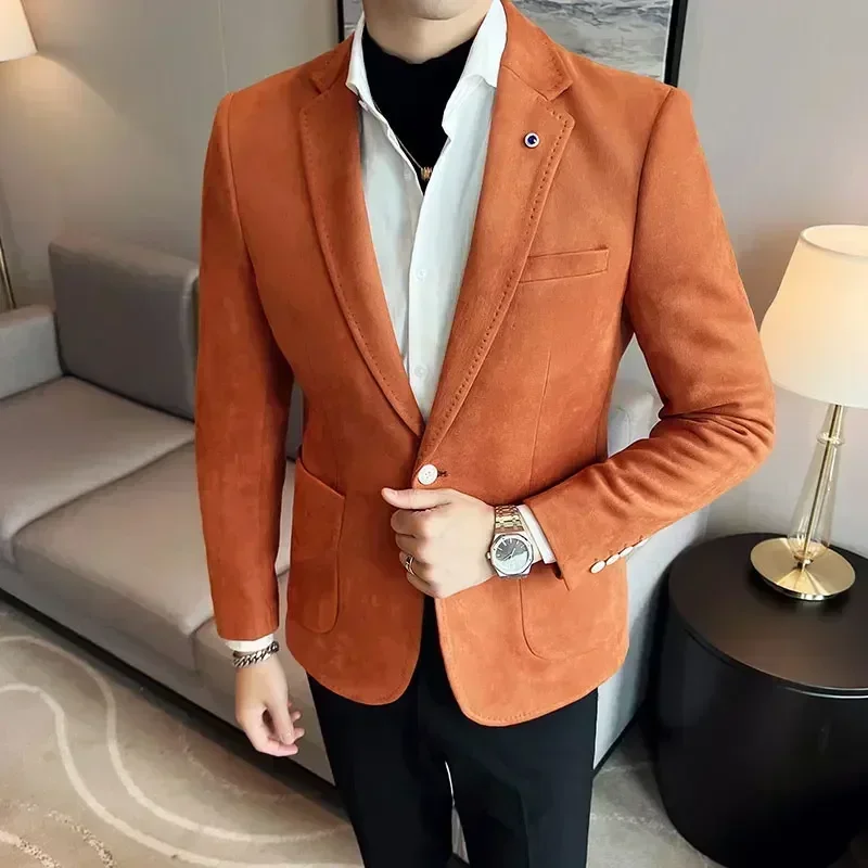 

New High Quality Suede Jacket for Men Fashion Korean Slim Business Casual Suit Dress Party Solid Color Trend Blazer