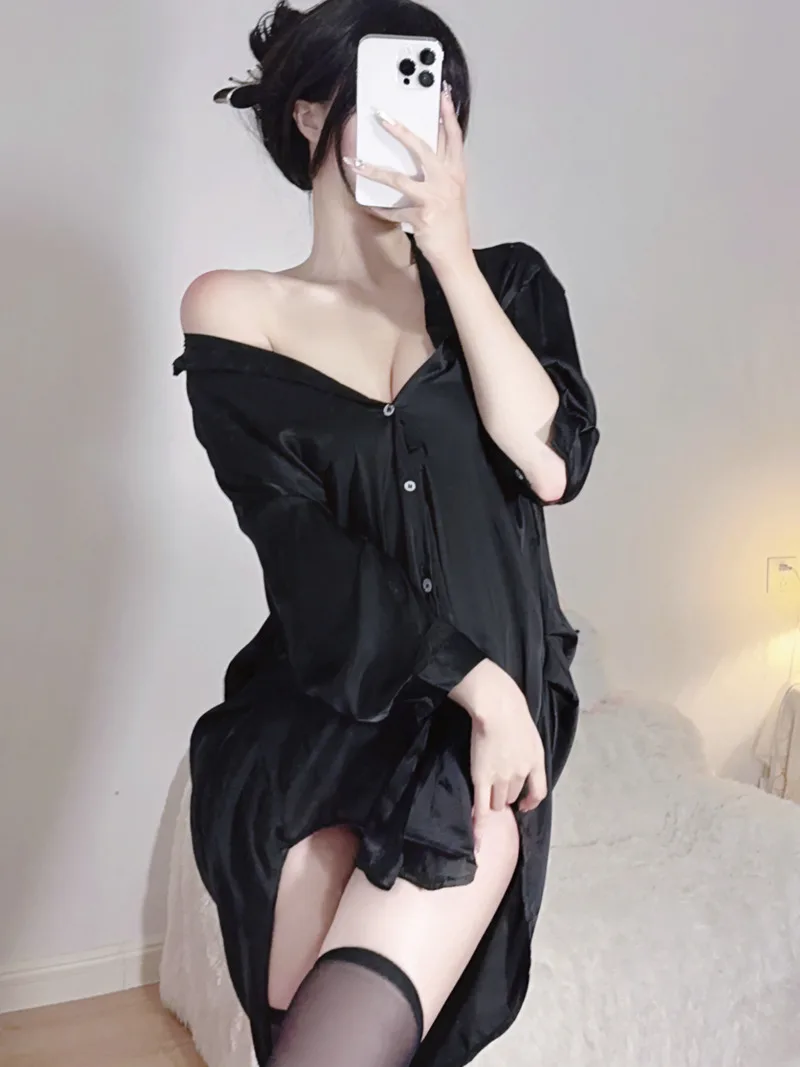 New shirt loose oversized sexy lingerie Solid color temptation sleeping elegant long dress summer home clothing korean style XTB