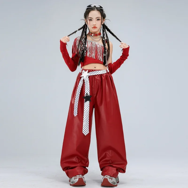 

Girl's Jazz Dance Costume Model Runway Fashion Red Leather Pants Set with Exposed Navel Girl's New Year's Performance Outfit