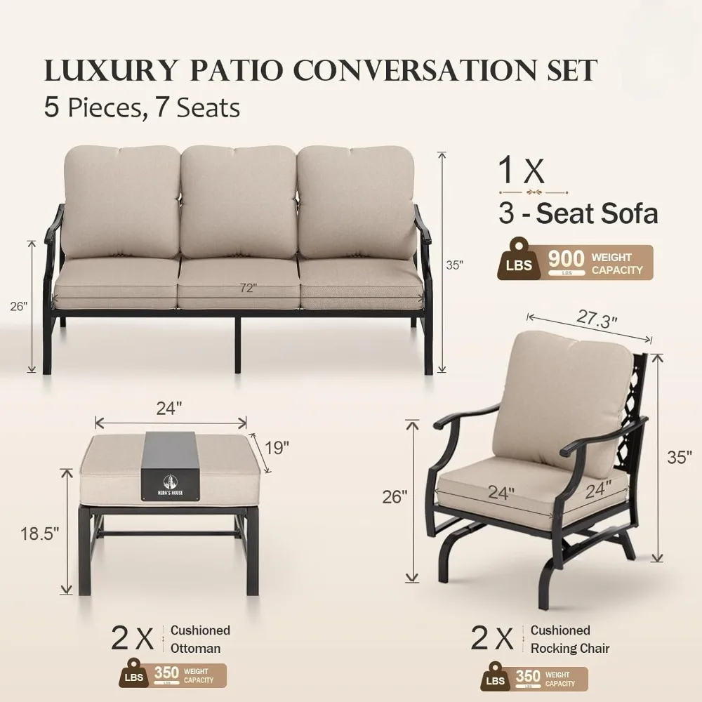 5 Pieces Patio Furniture Set, 2 X Cushioned Rocking Chair, 2 X Ottoman, 1 X 3-Seat Sofa, Patio Furniture Set