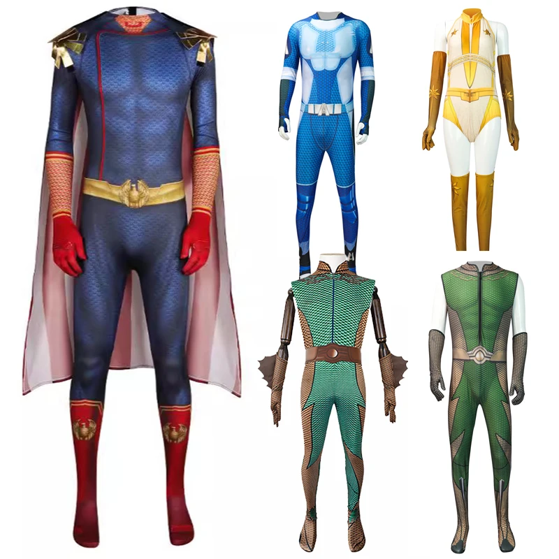 

The Boys Cosplay Costume Homelander/The Deep/A‑Train Superhero Zentai Jumpsuit with Cape Men's Adult Halloween Bodysuit Outfit
