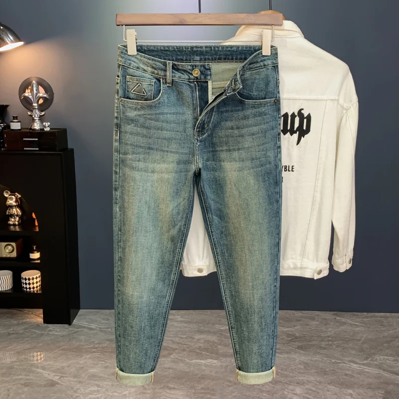 2025 новые осенние винтажные синие мужские элитные модные брендовые облегающие повседневные роскошные джинсовые длинные брюки с небольшой ногой