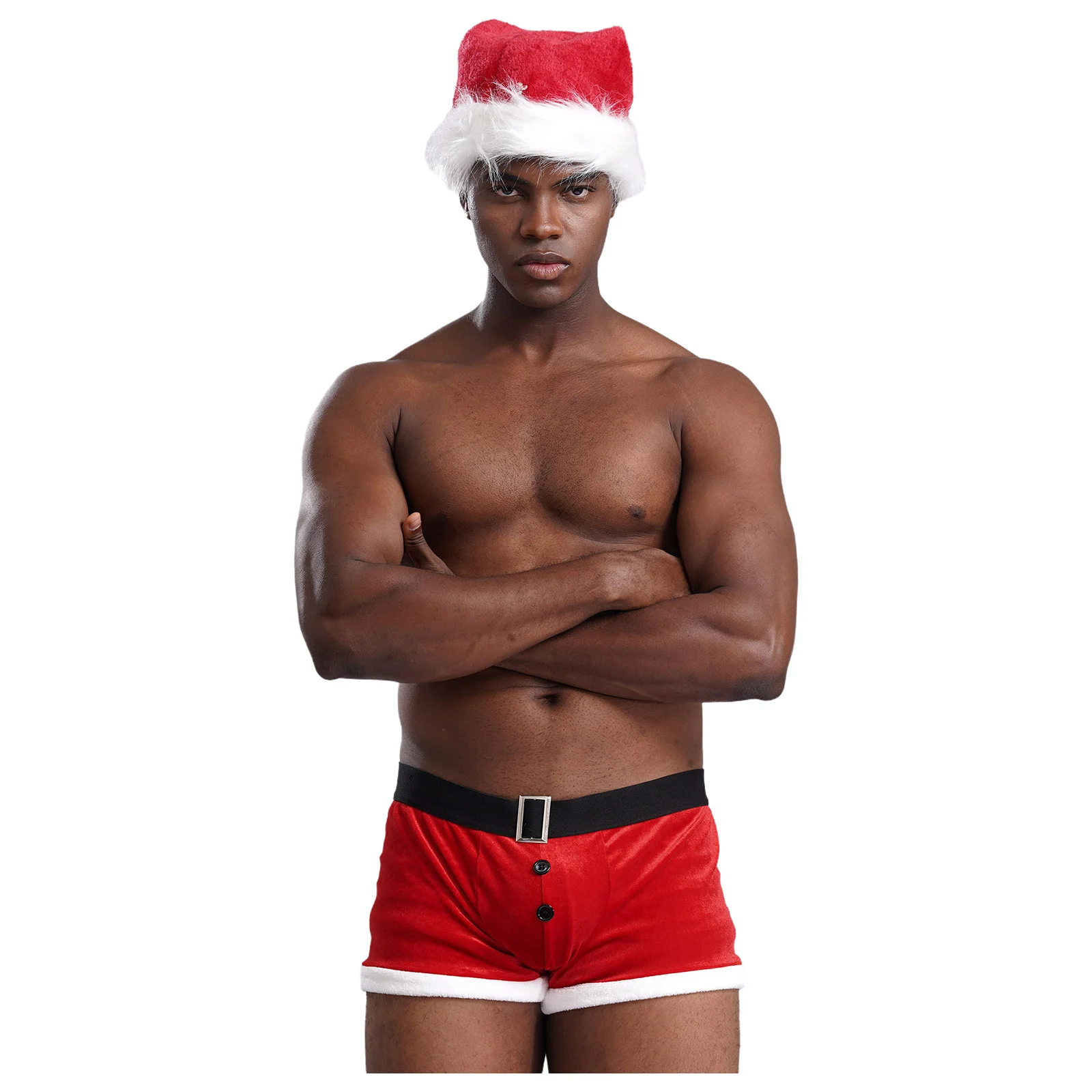 Adult Men 2Pcs Christmas Velvet Briefs Lingerie Boxer Shorts Underwear with Santa Claus Pompom Hat Xmas Christmas Eve Party Set