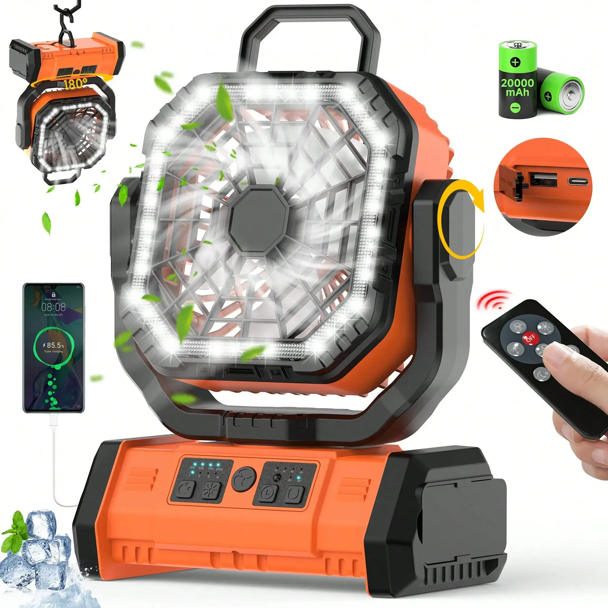 

20000mAh Camping Fan With LED Lantern, Rechargeable Battery Operated Oscillating With Remote Hook, Portable Tent Fan With Timer, 4 Speeds For Outdoor RV Jobsite Power Outage