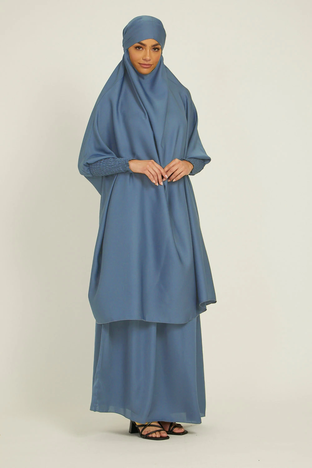 Two Piece Knee Length Jilbab Khimar Style Abaya and Skirt with Chunnat Slevees/Dolman Sleeves Grey Blue Color