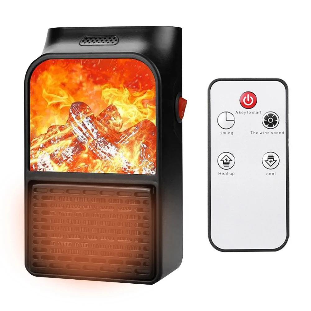 900W 3D Flame Mini Electric Stove Heater Household Fan Heater with Remote Plug in Wall Portable for Winter Home Bedroom