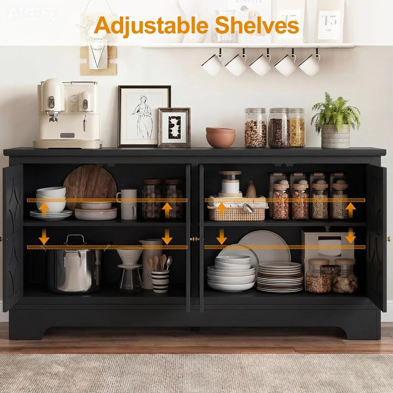 Sideboard Buffet Cabinet with Storage, 56" Modern Sideboard with 4 Carved Doors, Large Wood Coffee Bar Console Table for Kitchen, Dining Room, Entryway, Living Room, Black view 3