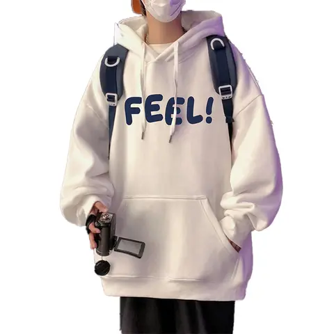 เสื้อฮู้ดพิมพ์ลายตัวอักษรสีขาวสำหรับผู้ชาย ฤดูใบไม้ร่วง ฤดูหนาว 2025 รุ่นใหม่ ทรงโอเวอร์ไซส์ ผ้าพลัฌ แขนยาว เสื้อคลุมแบบสวมหัว สไตล์ Y2K เสื้อผ้าผู้ชาย