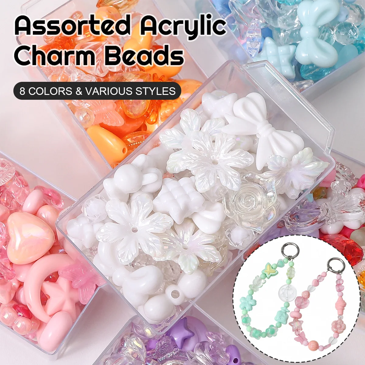 Assorted Acrylic Charm Beads 8 Colors Random Mix Butterfly Heart Flower Shapes for DIY Jewelry Bracelet Necklace Keychain Craft