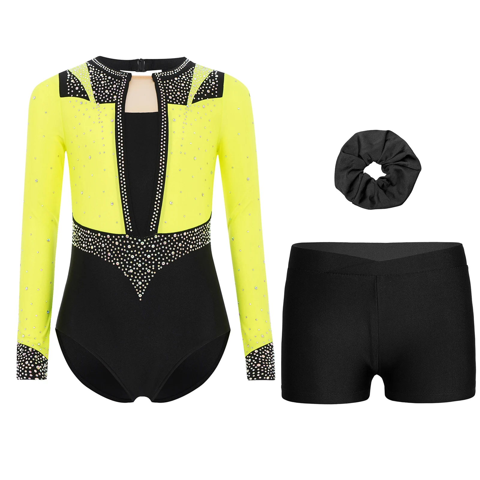 

Girls Gymnastics Figure Skating Dance Bodysuit Outfit Keyhole Back Shiny Rhinestones Long Sleeve Leotard+Shorts+Hair Band 3Pcs