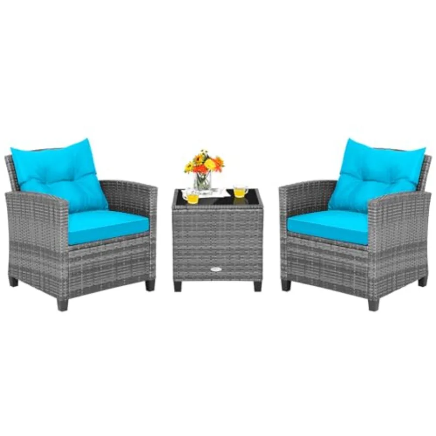 3 Pieces Patio Furniture Set for Porch Balcony Garden: PE Rattan Chairs and Table with Tempered Glass Side Table Removable Cush