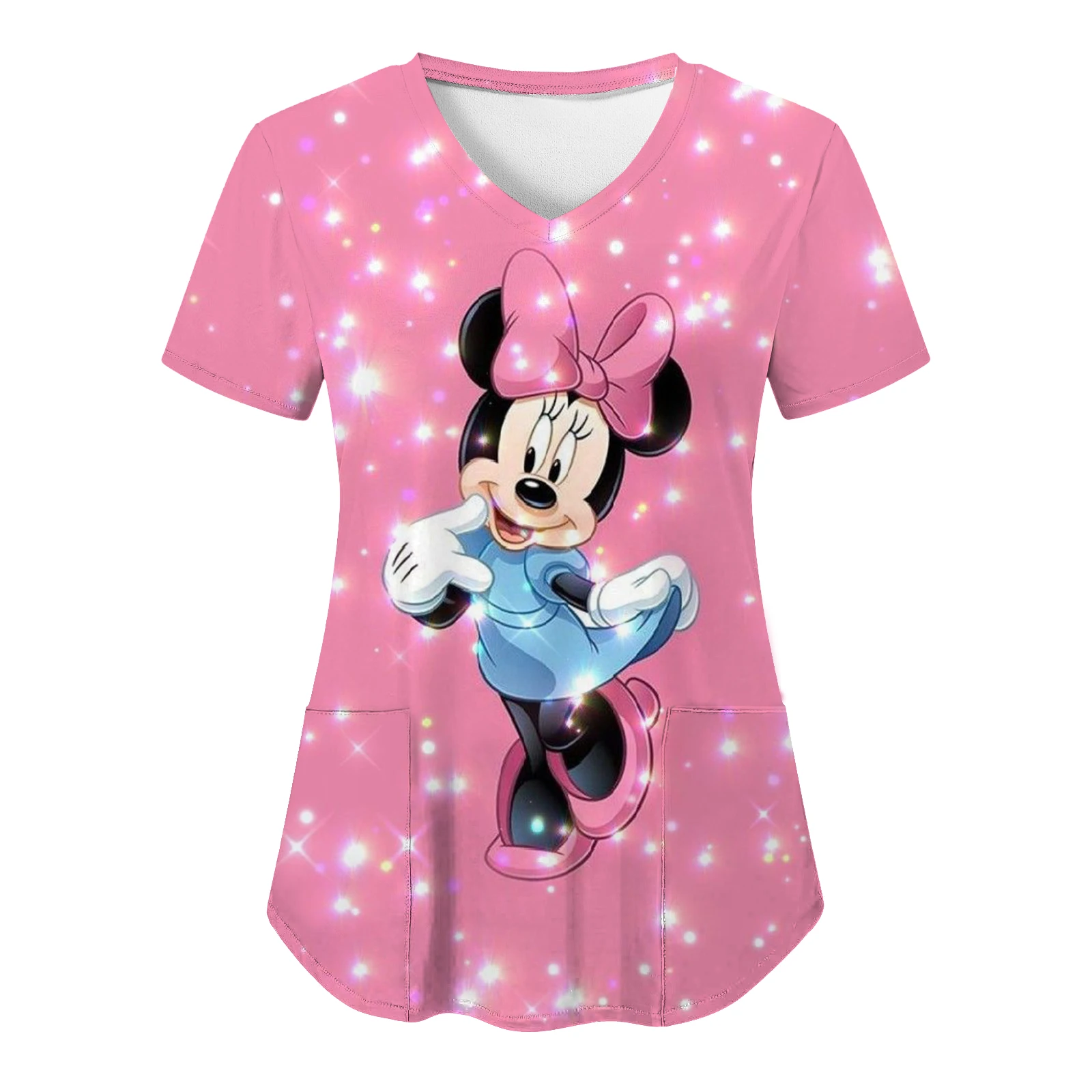 Top Women 2024 V Neck T-shirts Nurse Uniform T-shirt Hospital Mickey Woman Clothes Disney Pocket Tops Minnie Mouse Tees Women's