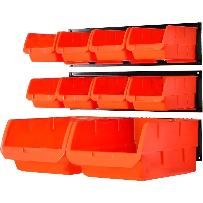 

HOT Wall Mounted Storage Bins, Wall Storage Bins Parts Rack 10 Bins&3 Rails Wall Mount Tool Organizer Hardware Storage Orange