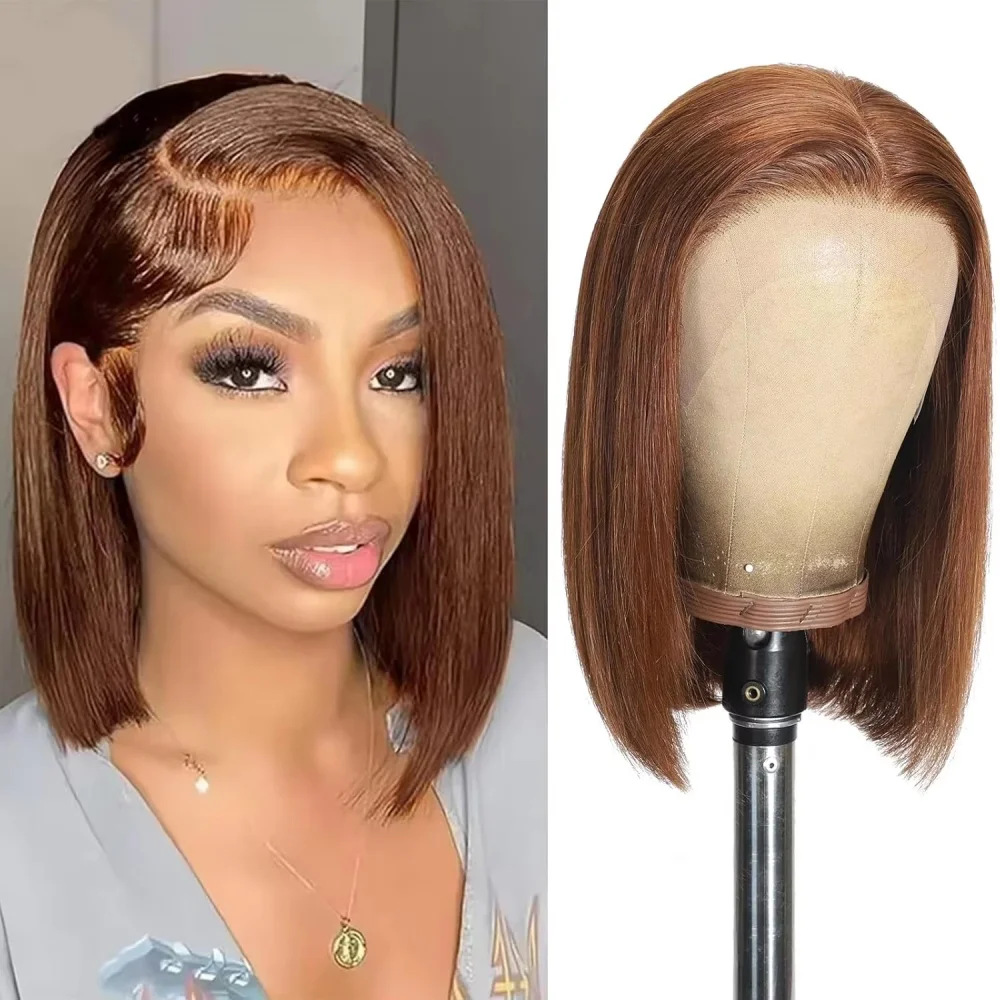 # Peluca de Cabello Humano Brasileño Corto Bob Marrón Chocolate de 8-14 Pulgadas, 13x4 HD Lace Front, 200 Densidad, Pre-Plucked, Línea de Cabello Natural