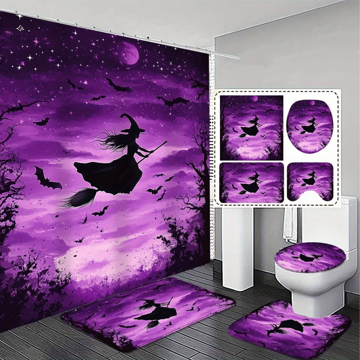 

4pcs set. Halloween Gift Purple Fabric Bathroom Decor Shower Curtain Set with Non-Slip Mats Soft Comfortable Bath Rugs for
