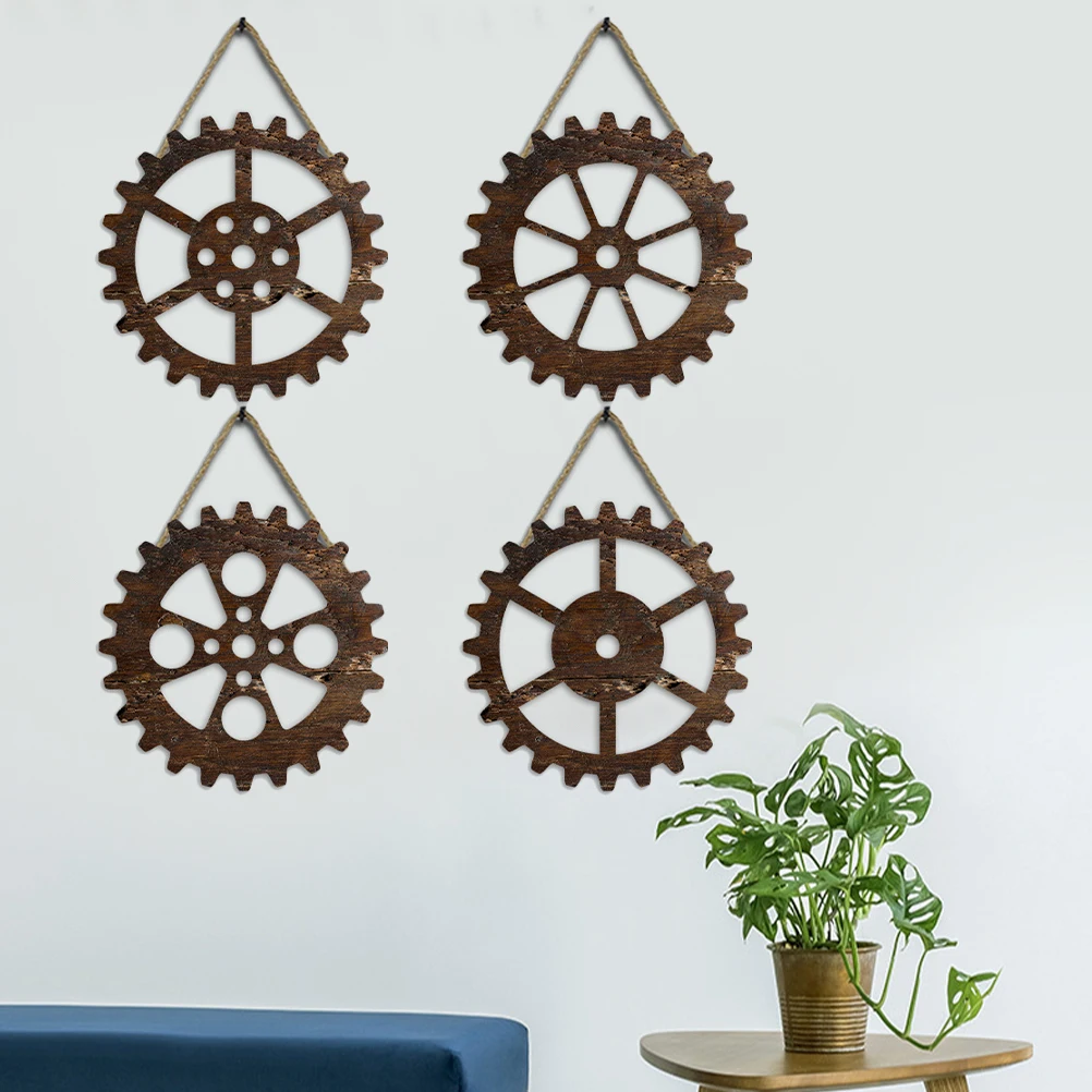 

4pcs Gear Decor Wooden Wood Wall Decors Hanging Mount Retro Industrial Style Home Office Adornment Art Fence Gate Door