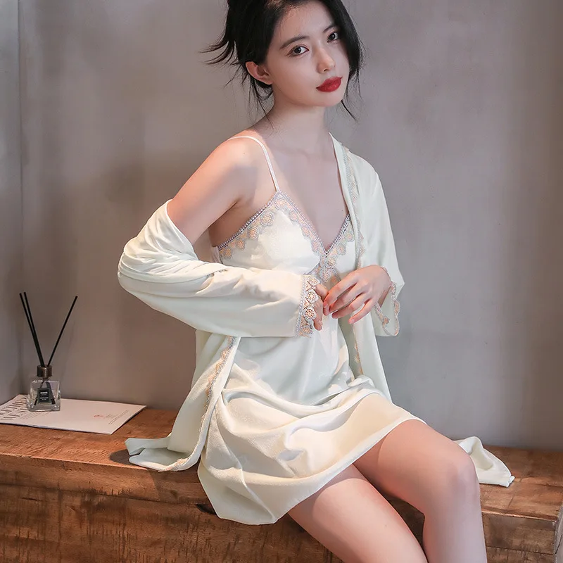 

Sexy V-Neck Sling Nightgown Suit Lady Backless Spaghetti Strap Autumn Winter Warm Velour 2Pcs Robe Set Long Kimono Bathrobe Gown