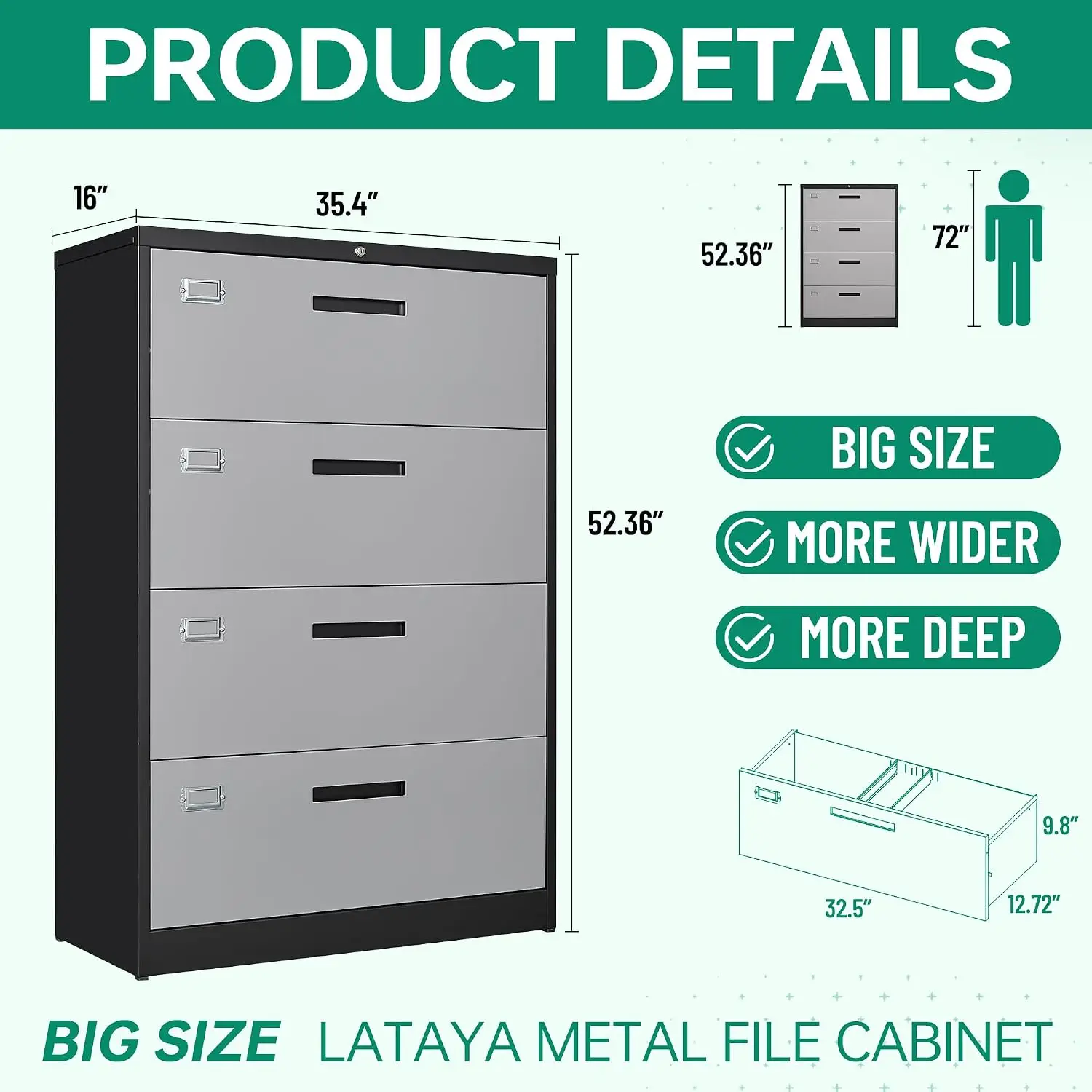 4 Drawer Lateral Metal Filing Cabinet with Lock, Home Office Storage for Letter/Legal/F4/A4 Size, Grey Black, Customized