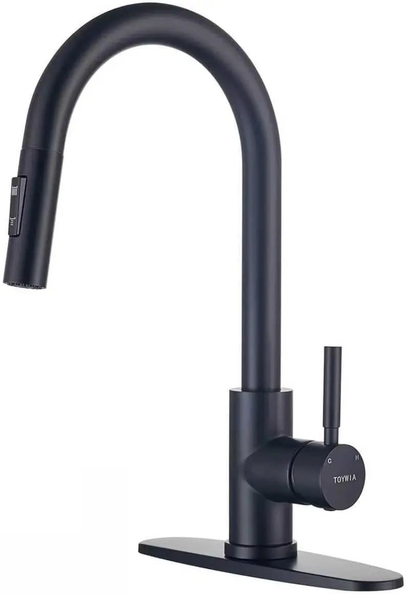 

Kitchen Faucets with Pull Down Sprayer, Matte Black Single Handle High Arc Stainless Steel Sink Faucet with Deck Plate, 1 or 3 H