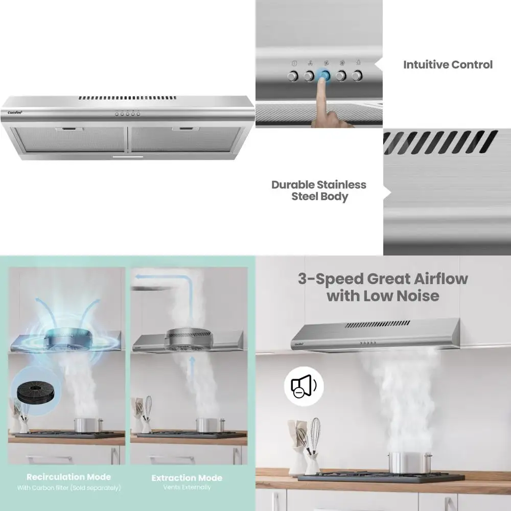 فتحة تهوية تحت الخزانة مقاس 30 بوصة مع فلتر قابل لإعادة الاستخدام، تصميم نحيف من الفولاذ المقاوم للصدأ للمطبخ #1