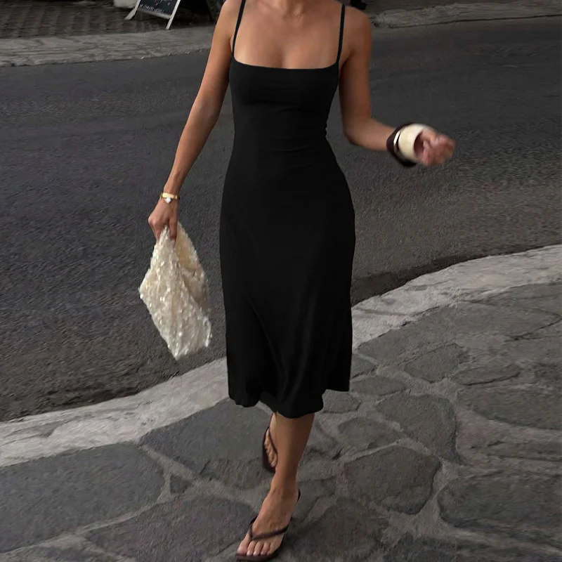 Hugcitar Damen-Kleid, elegant, einfarbig, sexy Midikleid, ärmellos, rückenfrei, Sommerkleidung, Geburtstagsfeier, Urlaub – Detail 17