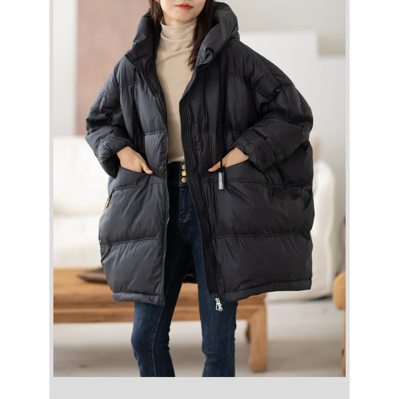 Oversized Women's Winter Puffer Coat, Warm Jacket, White Duck Down, Korean Hooded, Loose Parker Coat, Fall , 2024