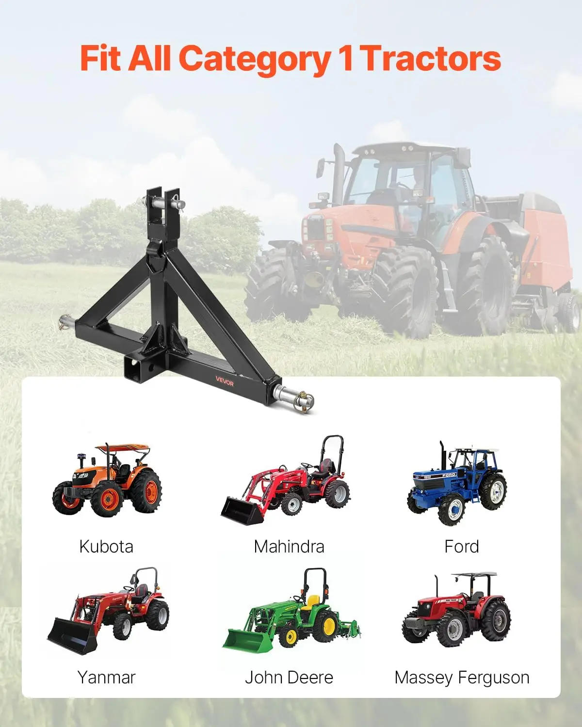 Agricultural Tractor Towing, Steel, Black, 3,000 lbs Capacity, 3 Point Hitch Receiver for Multiple Tractor Models