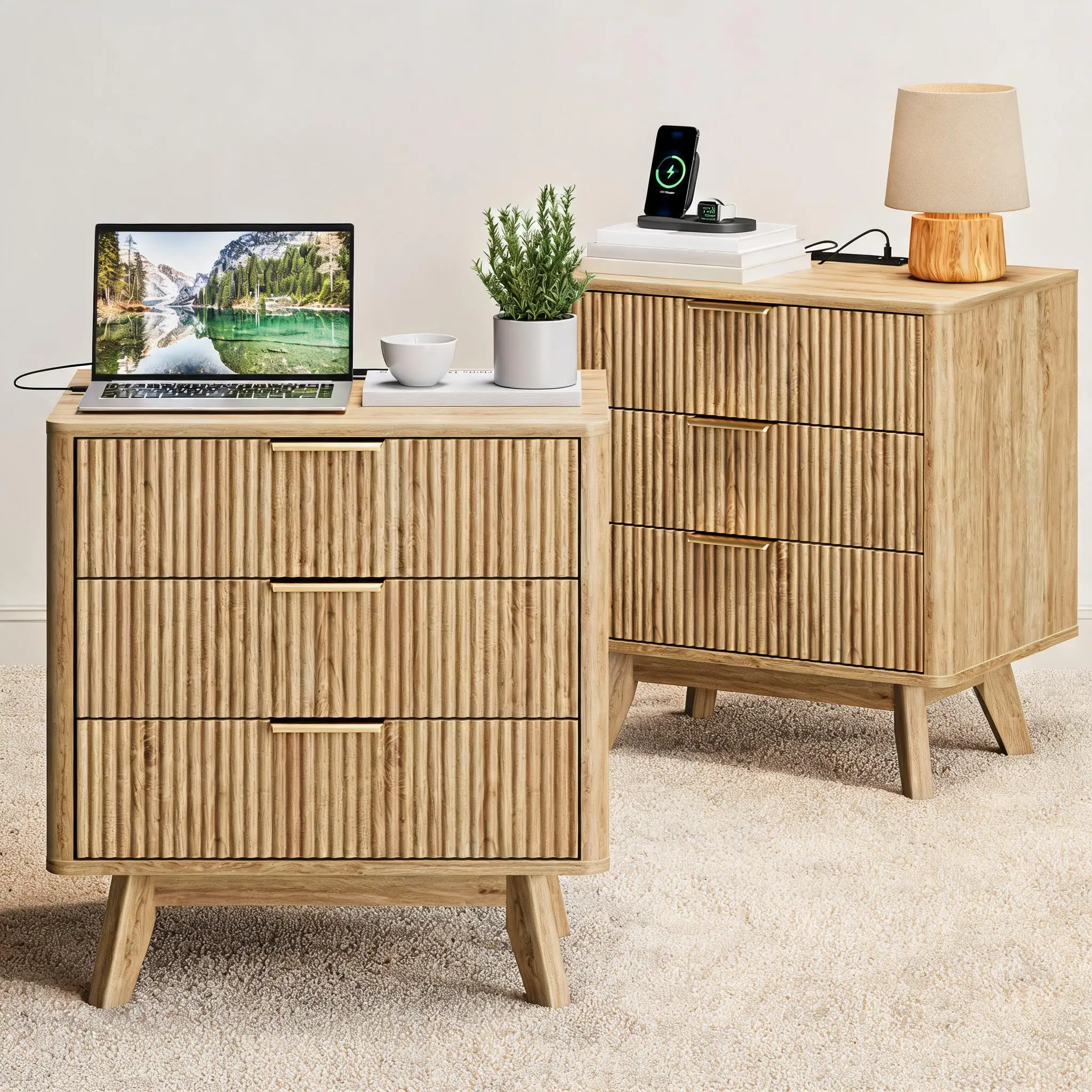 Set of 2 Mid-Century Modern Nightstands, 24'' Bedside Table 3 Storage Drawers with Built-in Charging Station, Wooden Bedside End Tables for Bedroom
