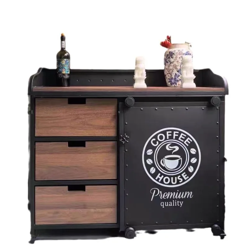 

Industrial style solid wood dining side cabinet wrought iron retro storage pantry pantry dining table coffee cabinet