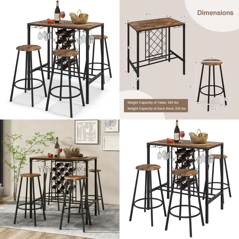 

Обеденный набор из 5 предметов в деревенском коричневом и черном цвете с 4 табуретками, винными стеллажами и подстаканниками для домашней кухни или кофейни